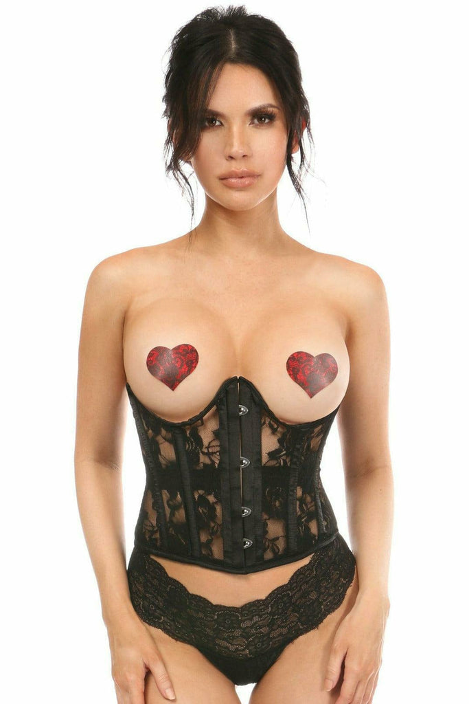 Woman modeling the Sexy Sheer Black Lace Open Bust Underwire Short Underbust Corset, featuring lace fabric, a front busk closure, and back cinching cords.