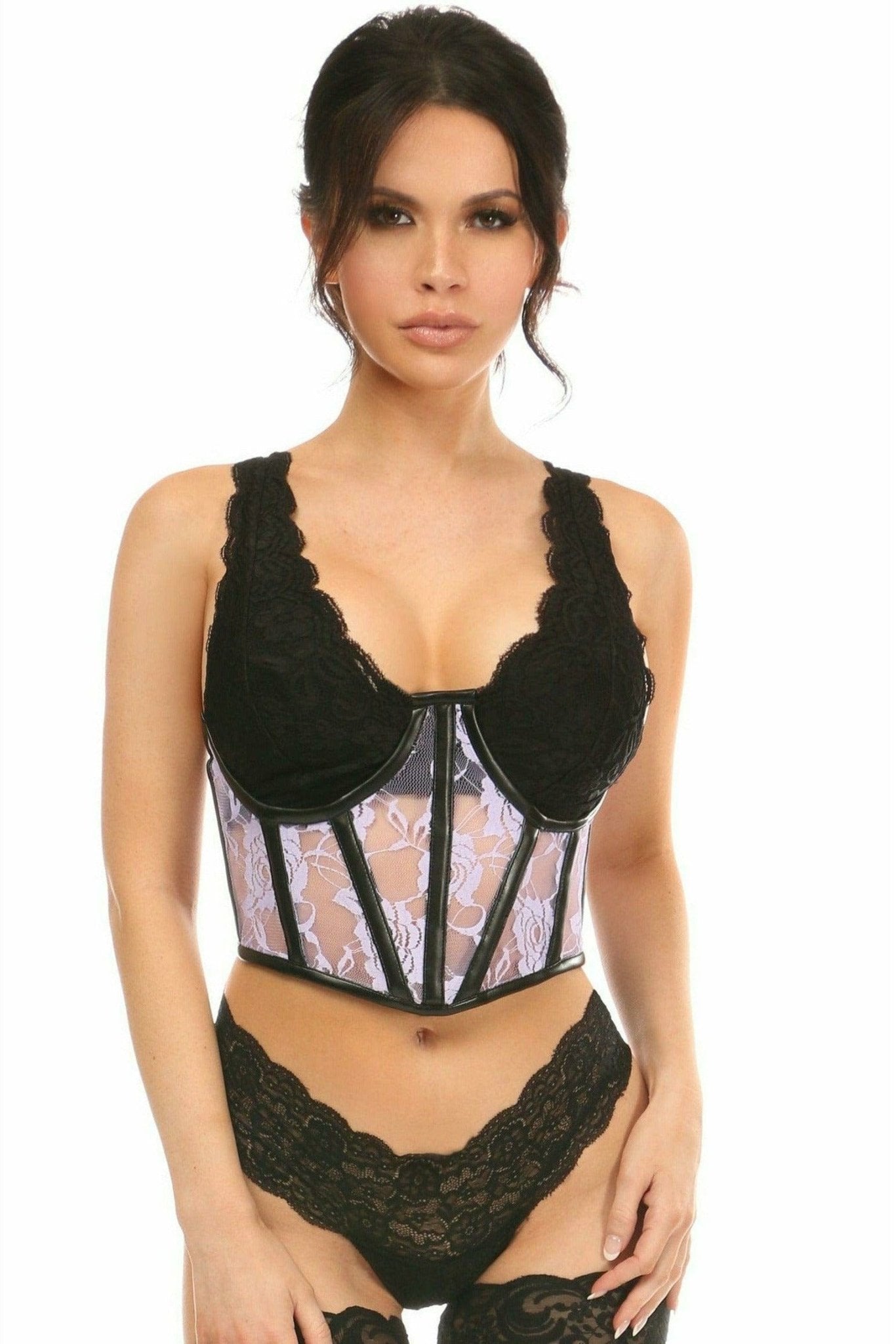 Sexy Sheer Lavender Lace & Faux Leather Open Cup Waist Cincher Musotica.com