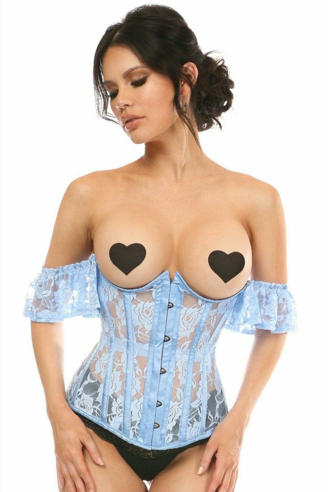 Sexy Sheer Light Blue Lace Underbust Underwire Corset with Ruffle Sleeve Musotica.com