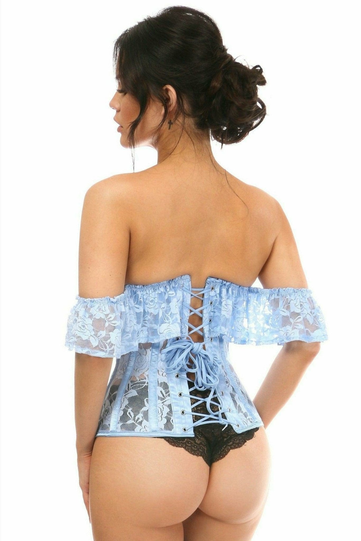 Sexy Sheer Light Blue Lace Underbust Underwire Corset with Ruffle Sleeve Musotica.com