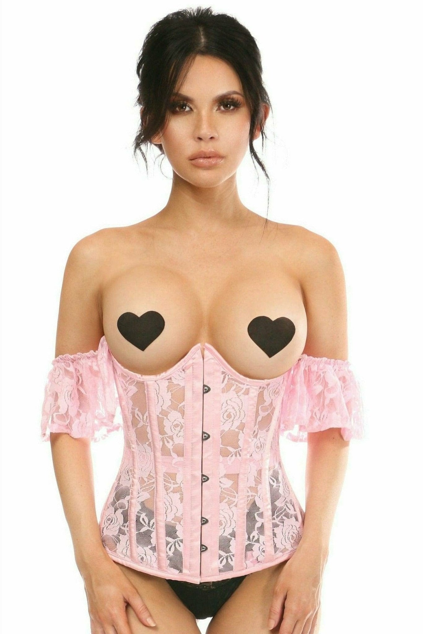 Sexy Sheer Light Pink Lace Underbust Underwire Corset with Ruffle Sleeve Musotica.com