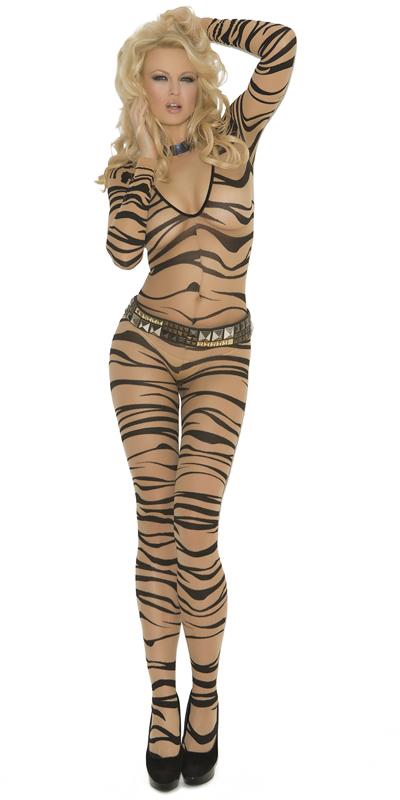 Woman wearing Sexy Sheer Zebra Long Sleeve Bodystocking with zebra print, long sleeves, and open crotch design, highlighting its bold and sultry style.
