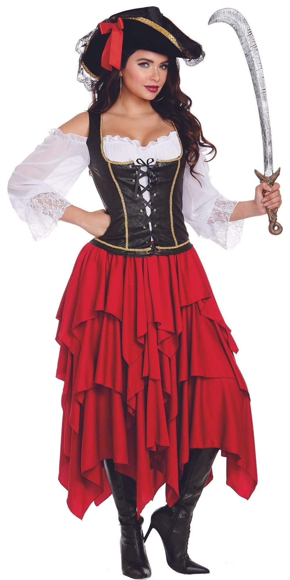 Woman in Sexy Ships Ahoy Women's Costume with off-shoulder dress, multi-tiered skirt, and faux-leather vest, holding a sword. Head scarf included.