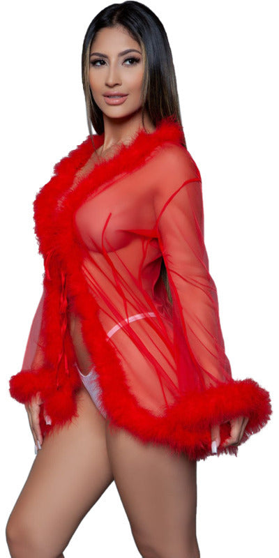 Sexy Short Marabou Robe in Red worn by a woman, featuring sheer fabric and marabou feather trim, offering luxurious comfort and stylish coverage.