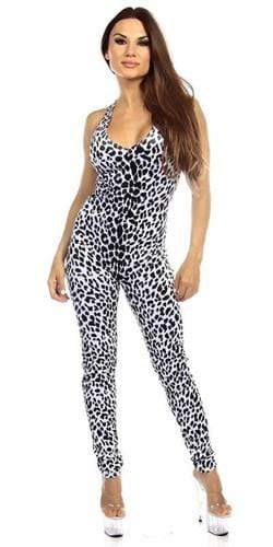Sexy Shred Stretch Supportive Cut Out Back Work Out CatSuit - Snow LeopardMusotica.com