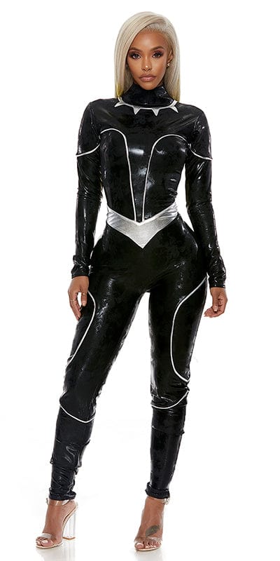 Woman wearing the Sexy Shuri Warrior Costume, a black vinyl jumpsuit with metallic silver armor detailing, embodying a comic book warrior character.