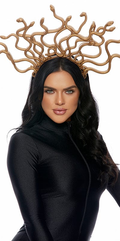 Woman in a black dress wearing the Sexy Snake Medusa Halloween Headband, featuring a dramatic gold snake crown design, ideal for completing a Medusa costume.