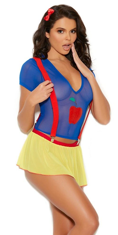 Woman modeling the Sexy Snow Princess Bedroom Costume, featuring a mesh cami top, skirt with attached suspenders, and a hair bow, embodying elegant roleplay attire.