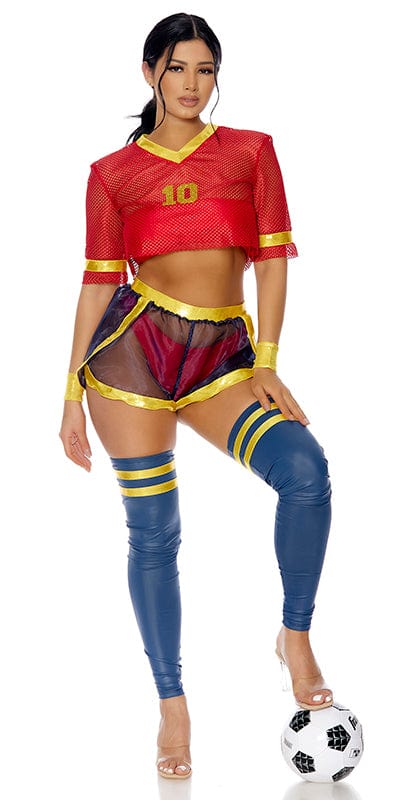 Woman wearing the Sexy Soccer Sensation Halloween Costume, featuring a jersey mesh cropped tee, bandeau top, shorts, vinyl leg accessories, wristlets, and scrunchie.