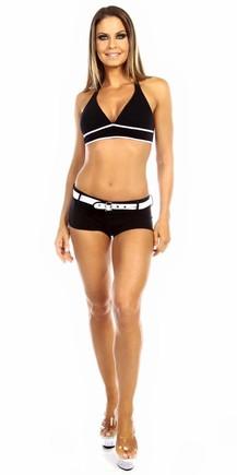 Black low-rise gym shorts with white V-shaped waistband trim