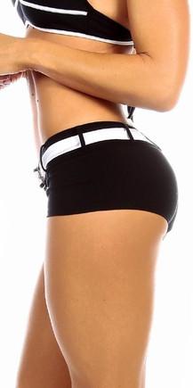 Black low-rise gym shorts with white stripe waistband and elastic hem band