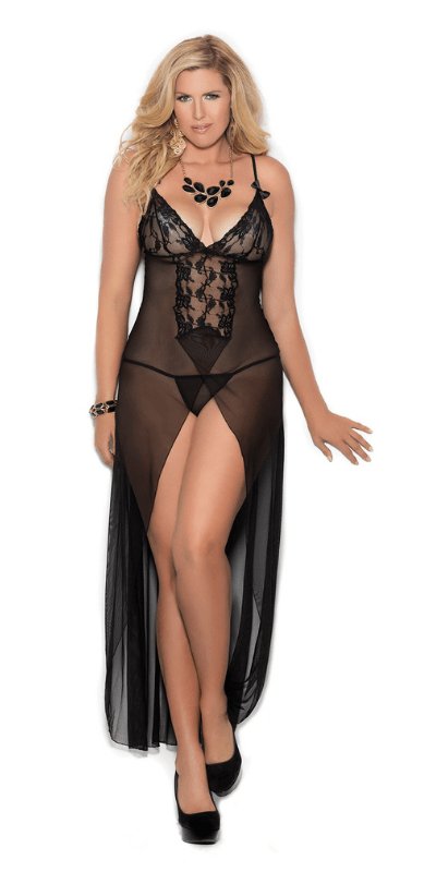 Sexy Stare Plus Size Black Mesh and Lace Slit Gown and G-String Musotica.com