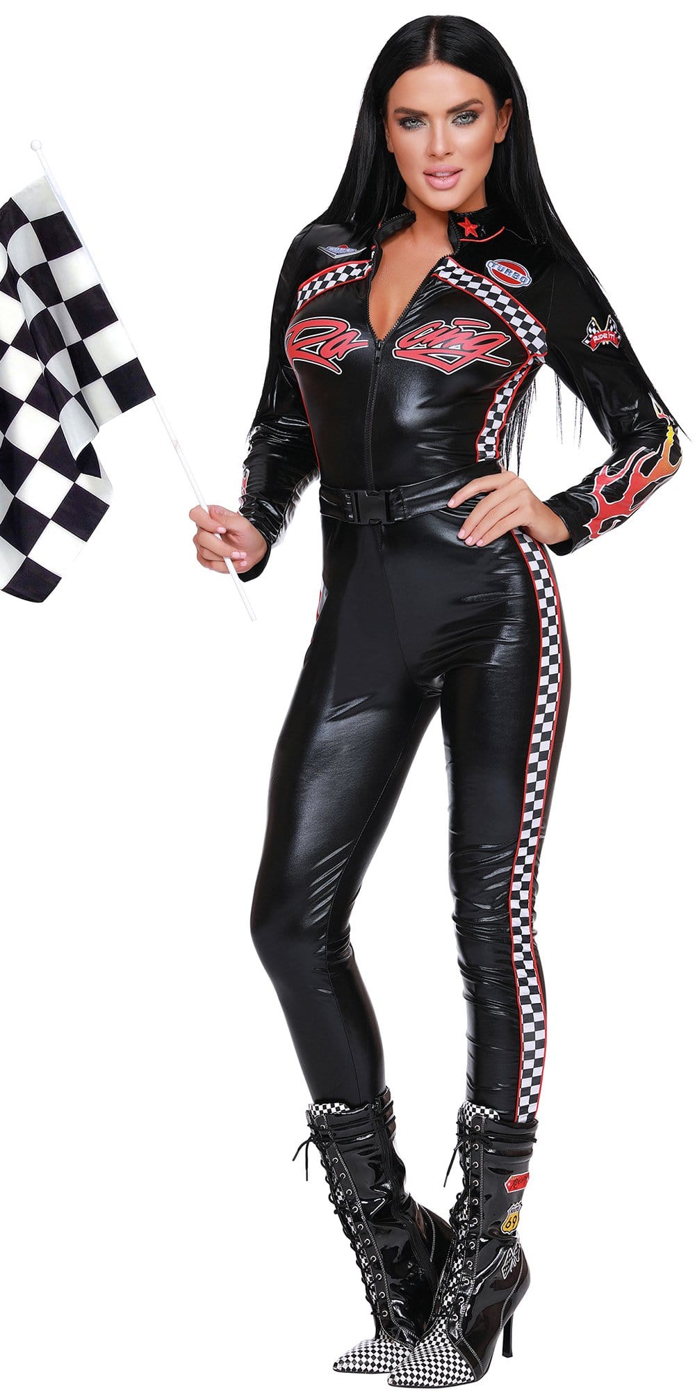 Woman in Sexy Start Your Engines Costume with checkered flag, showcasing zipper-front jumpsuit, checkered sides, racing details, and patches, paired with black and white boots.