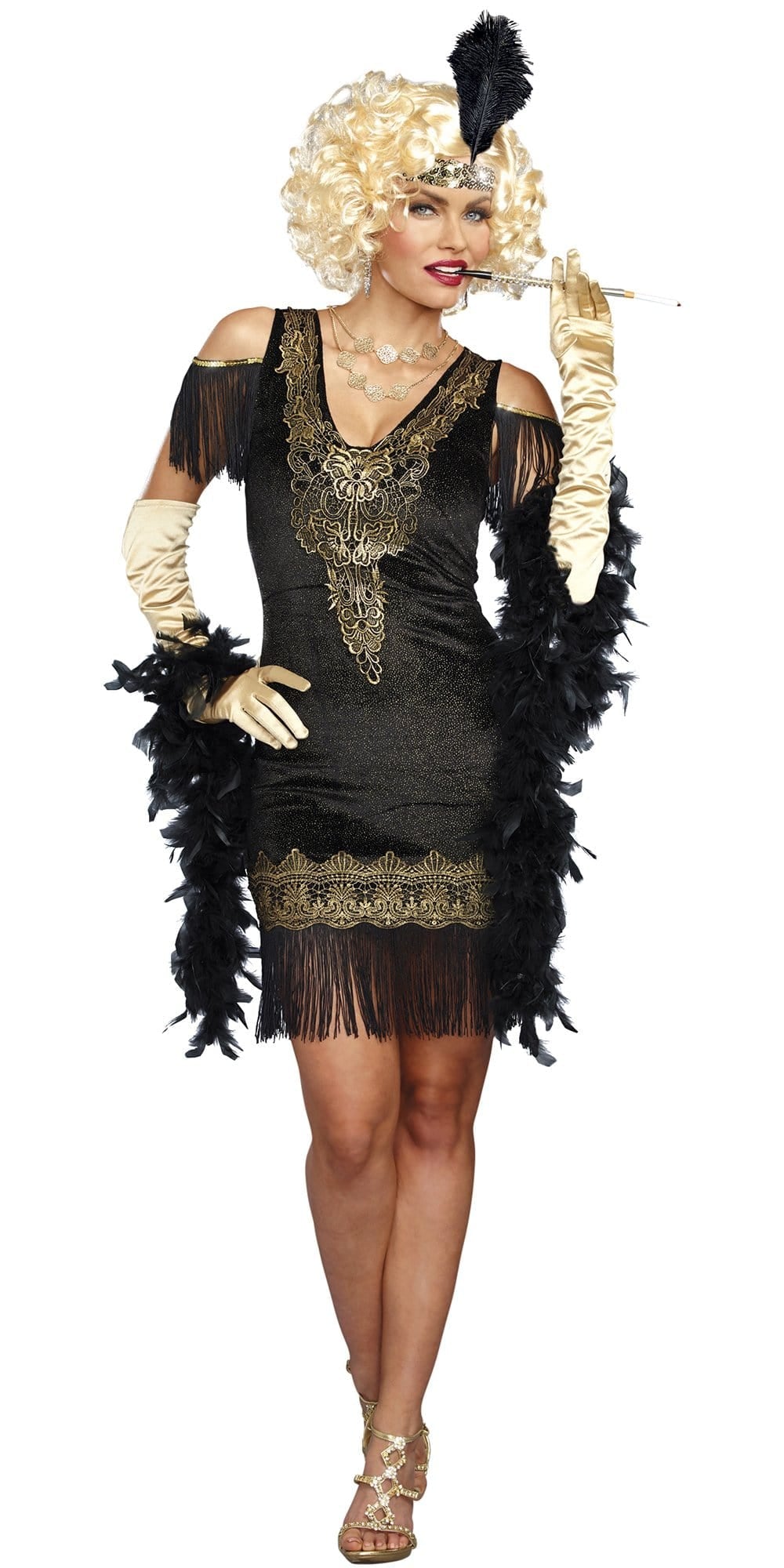Woman wearing Sexy Swanky Flapper Women's Costume with black and gold dress, fringe details, and a gold headpiece featuring a feather.