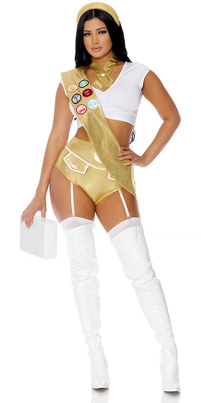 Woman modeling the Sexy Team Lead Girl Scout Halloween Costume, featuring a ruched crop top, metallic shorts with garter straps, crossbody sash, and a matching headband.