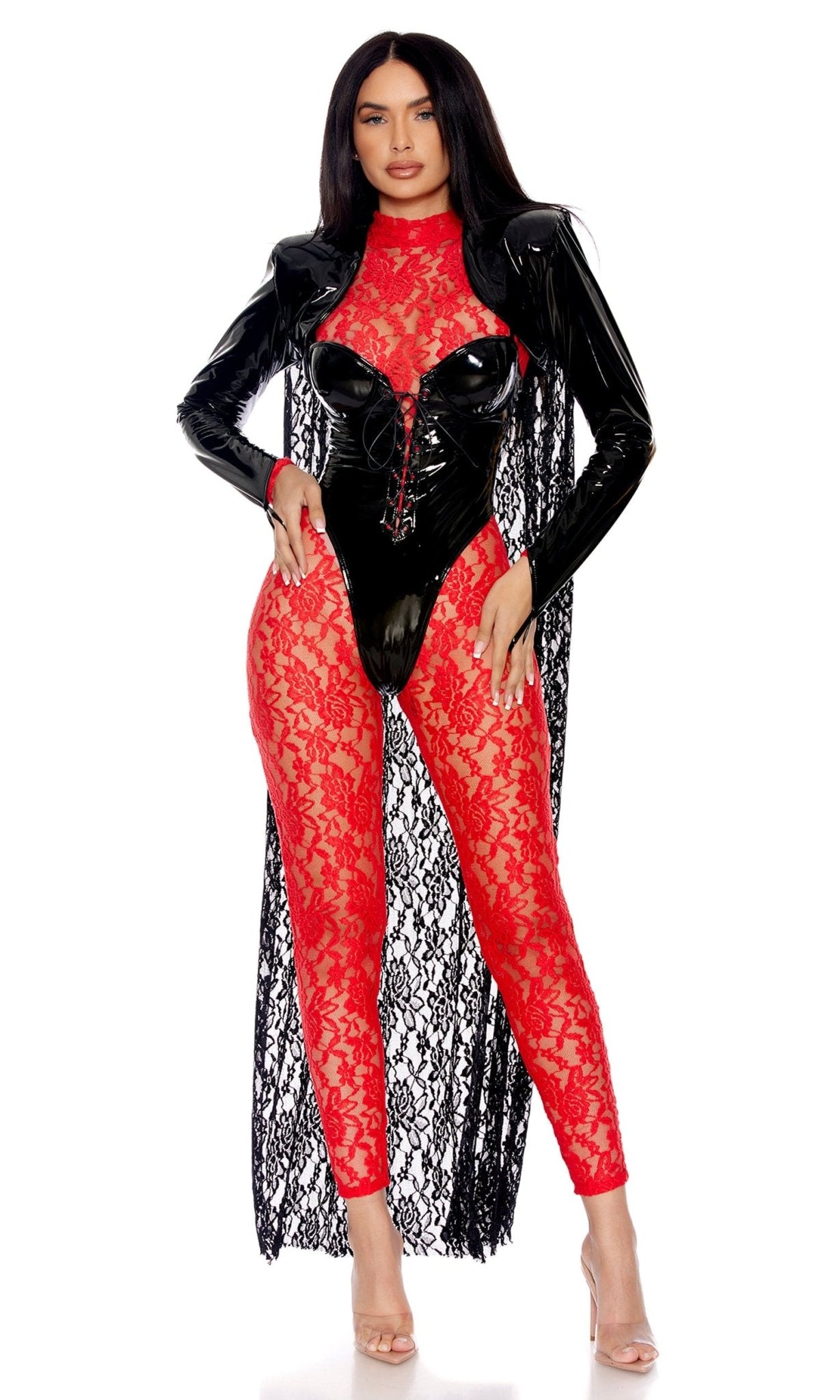 Woman in Sexy Thirst Vampire Halloween Costume, showcasing a lace zip-back jumpsuit, vinyl lace-up bodysuit, cropped jacket with shoulder pads and cap.