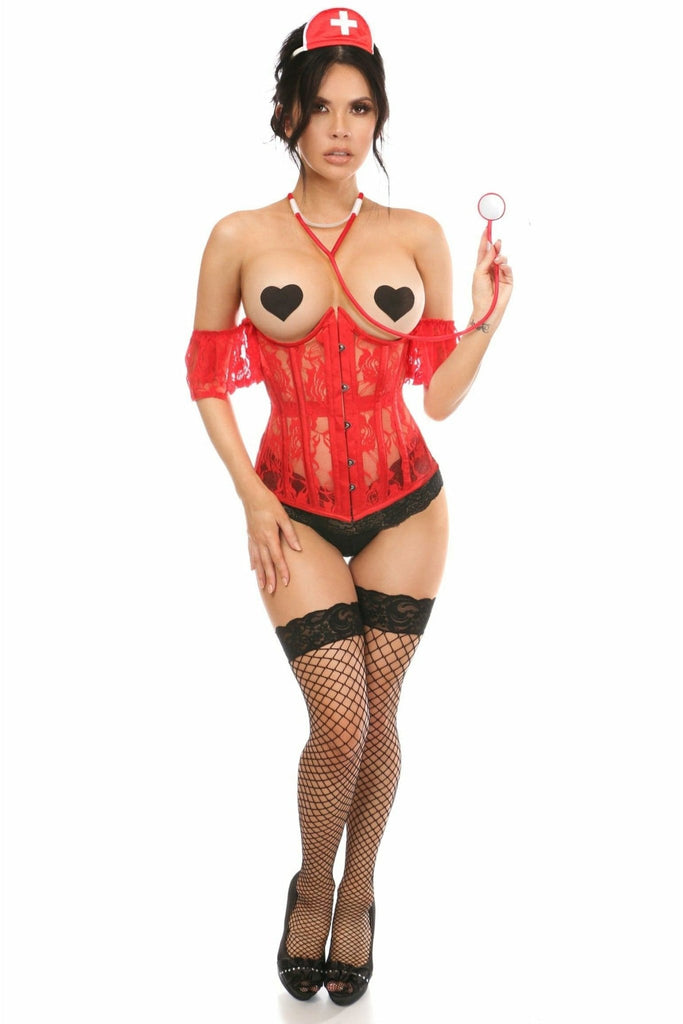 Woman modeling the Sexy Three Piece Nurse Corset Costume, featuring a lace underbust corset, nurse headband, and fishnet stockings for a chic touch.
