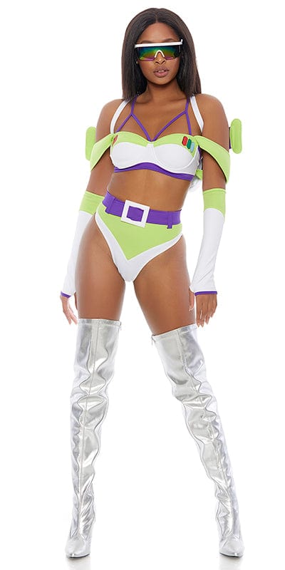 Woman modeling the Sexy To Infinity Astronaut Costume, featuring a harness bra, matching panty, belt, backpack with wings, and rainbow glasses with lightning detail.