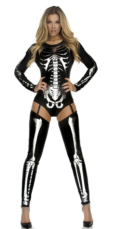 Woman modeling the Sexy To The Bone Skeleton Halloween Costume, featuring a sleek black bodysuit with metallic skeleton print, garter straps, and matching thigh highs.