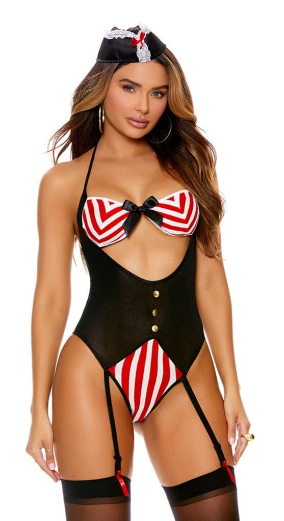 Woman wearing Sexy Treasure Hunter Bedroom Costume, featuring a halter neck teddy with attached garters. Close-up shows a bow detail on the outfit.