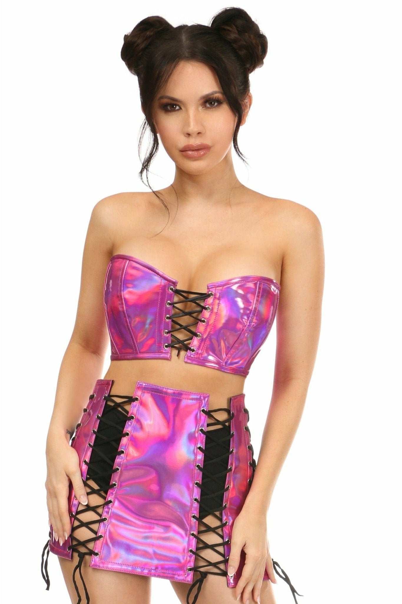 A model showcases the Sexy Two Piece Fuchsia Holo Bustier & Skirt Set, featuring a holographic bustier with lace-up details and a matching skirt.