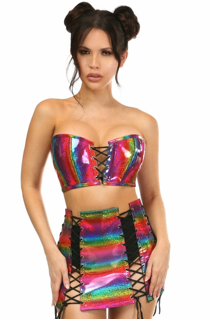 Woman modeling the Sexy Two Piece Rainbow Glitter Bustier & Skirt Set, featuring a lace-up bustier and matching skirt with adjustable straps and zipper.