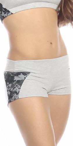 Close-up of a woman's waist wearing the Sexy Unbroken Honor Military Navy Scrunch Back Work Out Shorts, showcasing the digital camouflage pattern and scrunch back design.