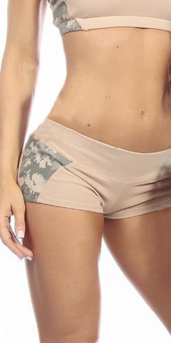 Close-up of Sexy Unbroken Honor Military Universal Green Scrunch Back Work Out Shorts showcasing the low-rise design and pucker back. Top not included.