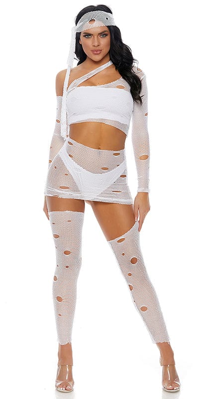 Woman modeling the Sexy Under Wrap Mummy Halloween Costume, featuring a bandeau top, net skirt with thigh high, single sleeve, and headwrap.
