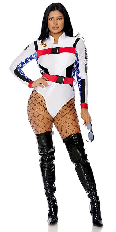 Woman wearing the Sexy USA Pride Motorcross Halloween Costume, featuring a zip front bodysuit with star-spangled details, red chest strap, waist belt, and sunglasses.