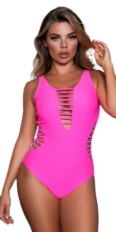 Sexy Vanessa Deep Plunge Cut Out Swimsuit modeled, showcasing deep neckline, criss-cross back, and cut-out details, ideal for swimming and available in curvy sizes.