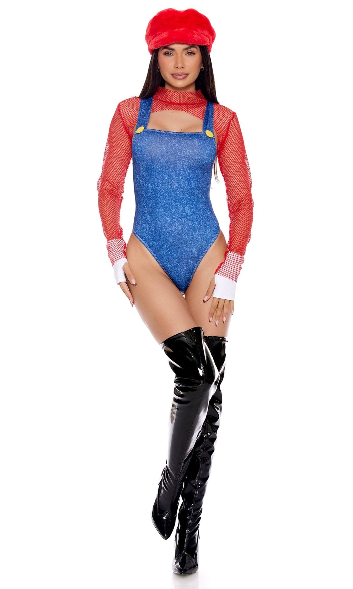 Woman modeling Sexy Video Game Mascot Halloween Costume, featuring a bodysuit, fishnet bolero, fingerless gloves, and boots, accessorized with a faux fur hat.