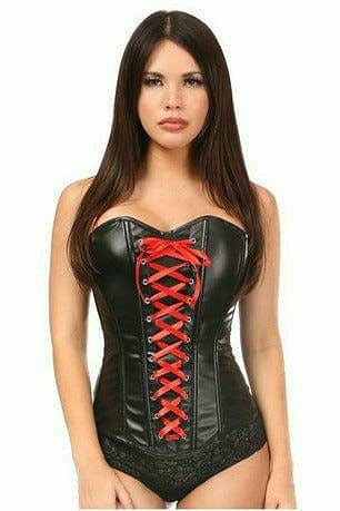 Sexy Wet Look Faux Leather Lace-Up Over Bust Corset worn by a model, featuring front lacing, back zipper, and garter loops for stockings.