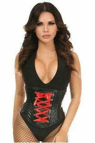 Sexy Wet Look Faux Leather Lace-Up Under Bust Corset with red front lacing, featuring supportive plastic and steel bones, perfect for a dynamic, structured look.