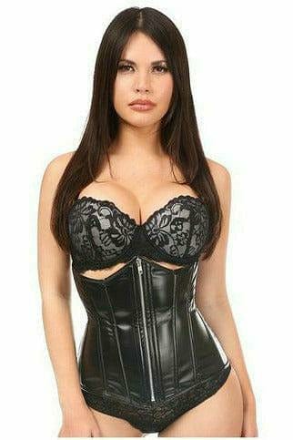 Woman modeling Sexy Wet Look Under Bust Corset, featuring faux leather, 8 plastic bones, 4 steel backbones, garter loops, and back zipper closure.