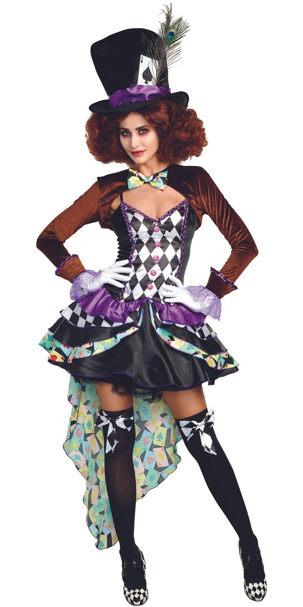 Woman wearing the Sexy Whimsical Hatter Madness Storybook Women's Costume, featuring a corset-style dress, velvet shrug, printed bow tie, and oversized top hat with peacock feather.