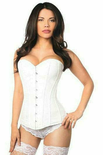 Woman modeling Sexy White Brocade Corset with front busk closure and back lacing, highlighting its elegant fit and supportive design.