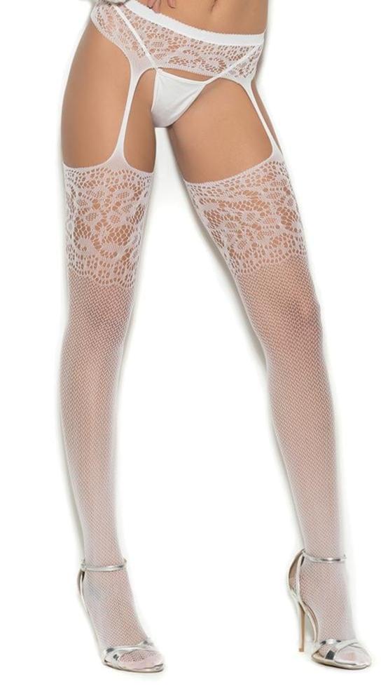 Woman wearing Sexy White Crochet Suspender Pantyhose, highlighting intricate crochet design; top and G-string not included. Ideal for special occasions or a fashionable night out.