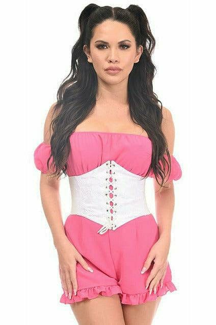 Woman in a pink dress showcasing a Sexy White Lace Corset Belt Cincher with stretchy elastic sides, a lace-up front, and back snap button closure.