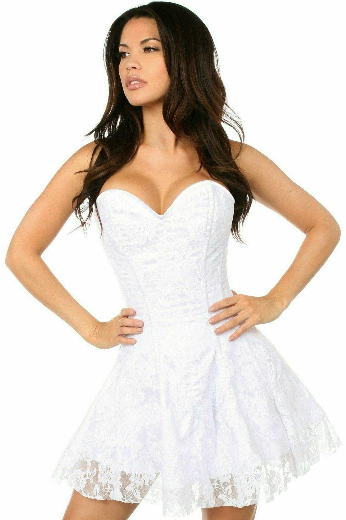 Sexy White Lace Corset Dress on model, featuring a strapless design with lace overlay and satin fabric, highlighting its structure and elegance for formal occasions.