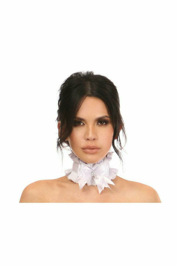 Sexy White Lace Costume Choker featuring rhinestone and bell embellishments, showcased on a model's neck, with a ribbon tie closure for a stylish fit.
