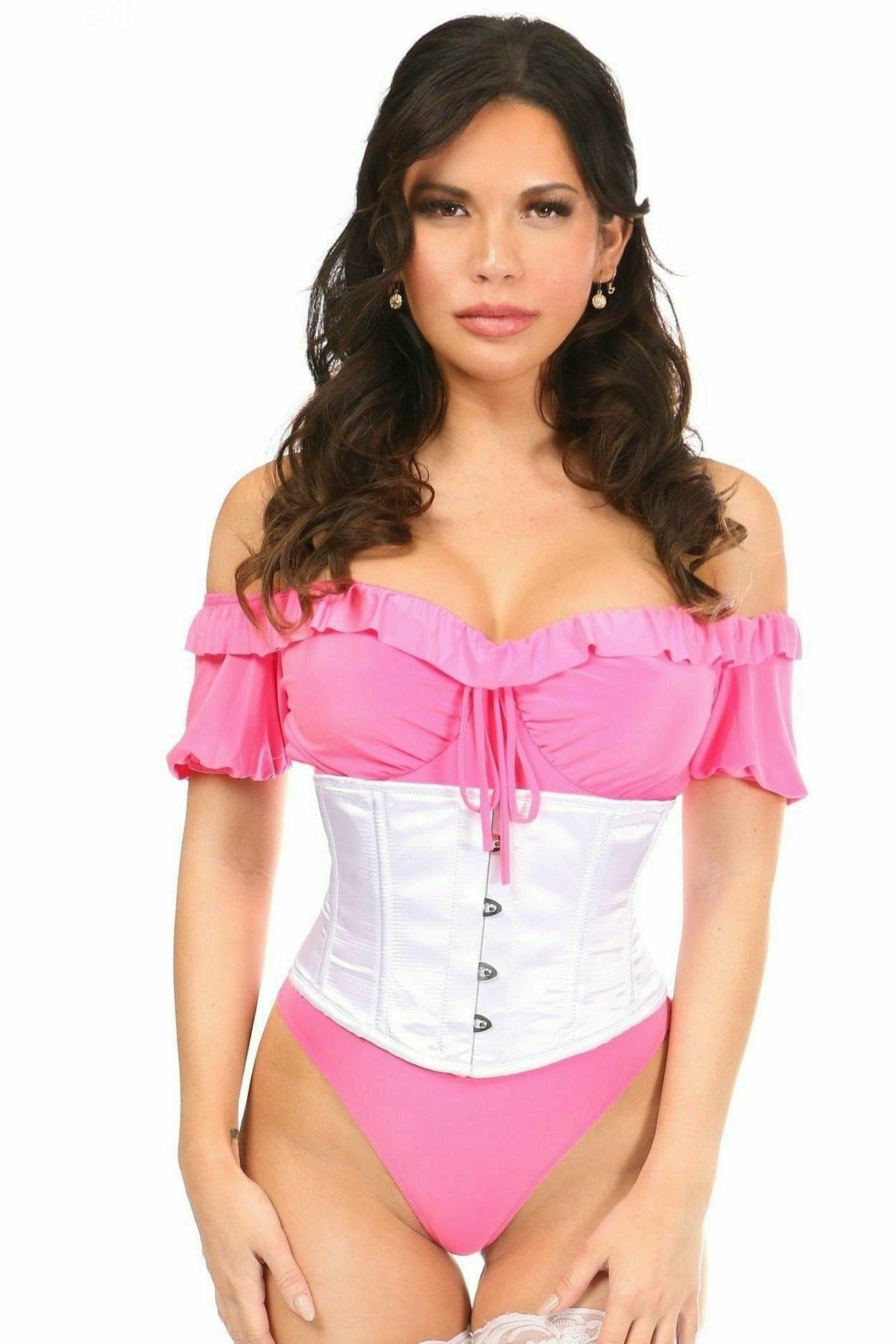 Woman modeling the Sexy White Satin Mini Cincher, highlighting its structured fit with front busk closure and modesty panel, ideal for bridal shaping.