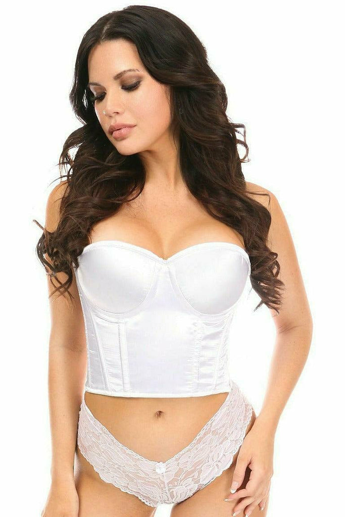 Woman modeling the Sexy White Satin Underwire Bustier, showcasing its supportive fit and design with visible underwire detail, adjustable straps, and hidden side zipper.