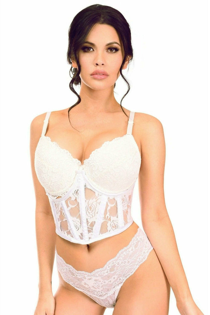 Sexy White Sheer Lace Underwire Waist Cincher Corset worn by a model, featuring lace fabric, underwire support, and adjustable hook & eye panel.