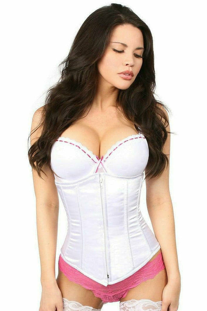 Woman modeling the Sexy White Underbust Zipper Corset, highlighting its satin fabric, elegant silhouette, and stylish front hidden zipper closure for a chic look.