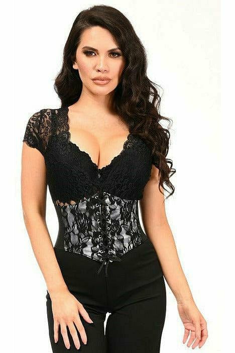 Woman modeling a Sexy White with Black Lace Overlay Corset Belt Cincher, featuring a lace-up front and stretchy elastic sides for a snug fit.