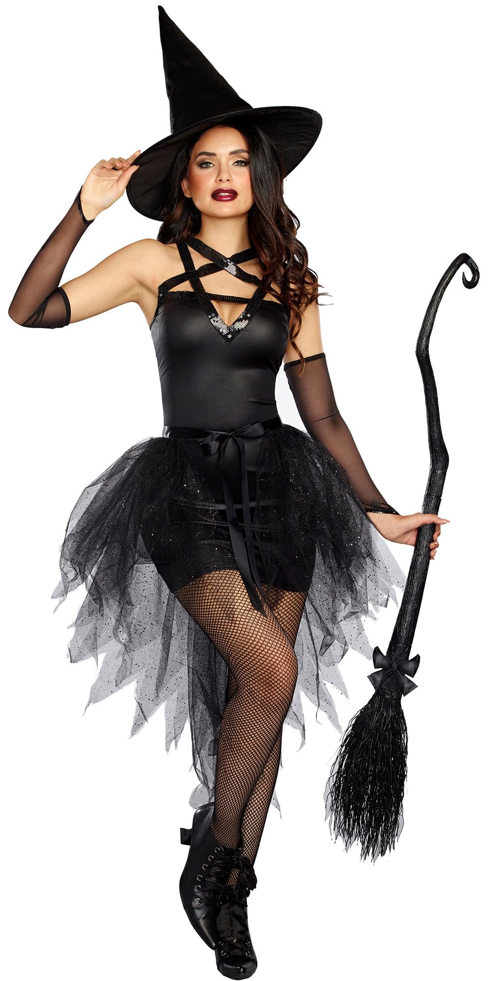 Sexy Wicked Witch Women's Costume featuring a stretch-knit dress with a pentagram, removable tulle skirt, mesh gloves, and tall witch's hat.