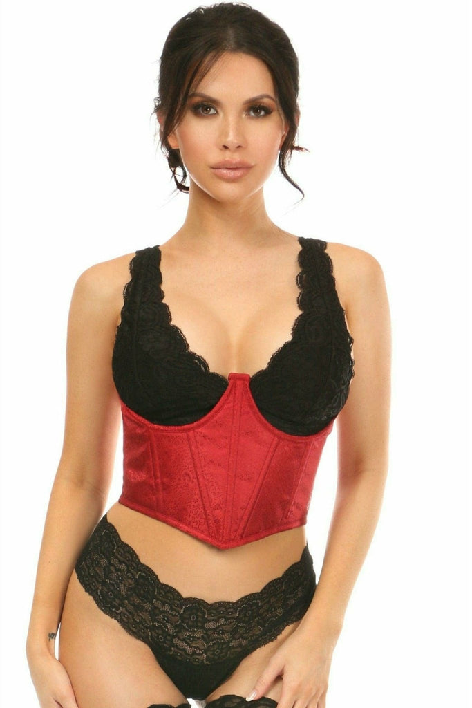 Woman modeling the Sexy Wine Brocade Open Cup Waist Cincher, featuring luxurious fabric, underwire support, and intricate detailing with nickel brass grommets and thick cording.