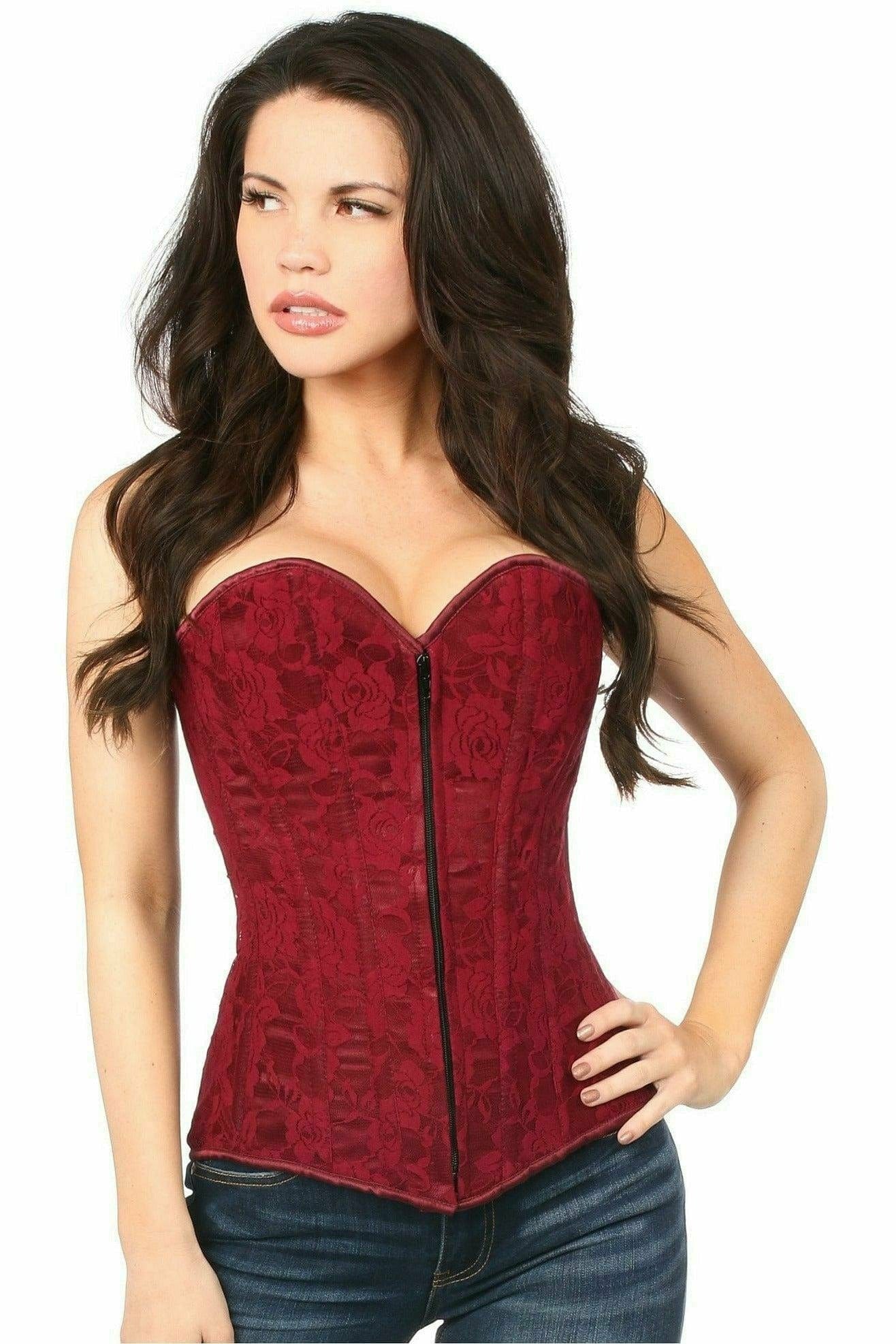 Sexy Wine Lace Overbust Corset with Zipper Musotica.com