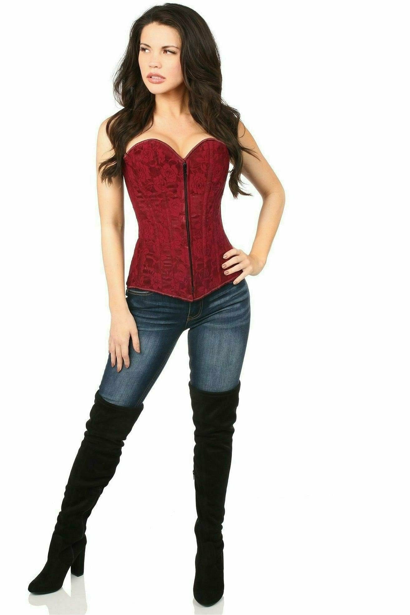 Sexy Wine Lace Overbust Corset with Zipper Musotica.com